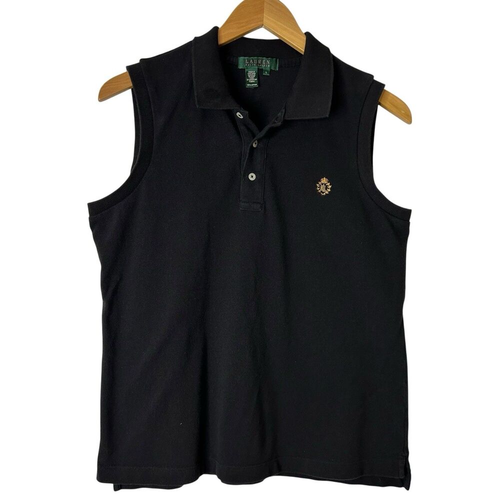 Lauren Ralph Lauren Sleeveless Polo Shirt Collared Size Large Black Embroidered